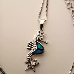Blue and Silver Seahorse Necklace with Intricate Detailing
